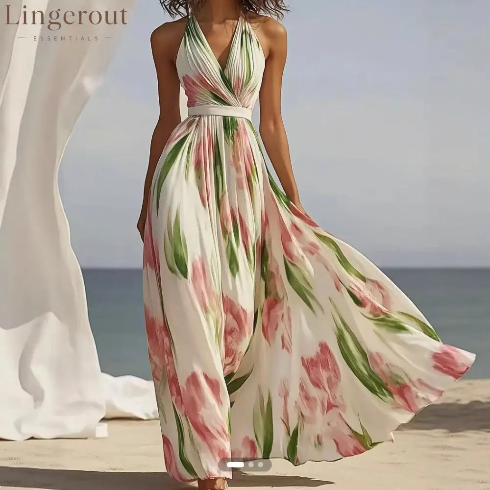 Halter V-Neck Floral Pleated Maxi Dress with Waist Belt