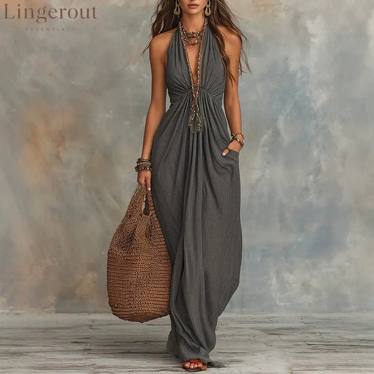 Halter V-Neck Linen-Blend Maxi Dress - Grey / S