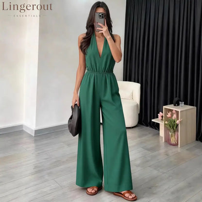 Halter Wide-Leg Jumpsuit - Green / S