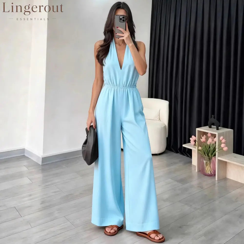Halter Wide-Leg Jumpsuit - Sky blue / S
