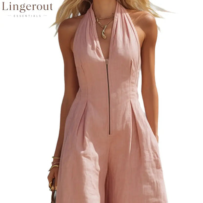Halter Zip Front Wide Leg Linen Vacation Jumpsuit