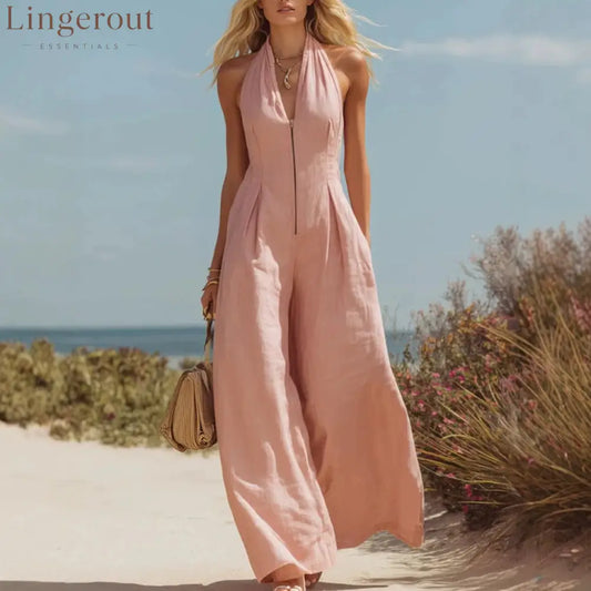 Halter Zip Front Wide Leg Linen Vacation Jumpsuit
