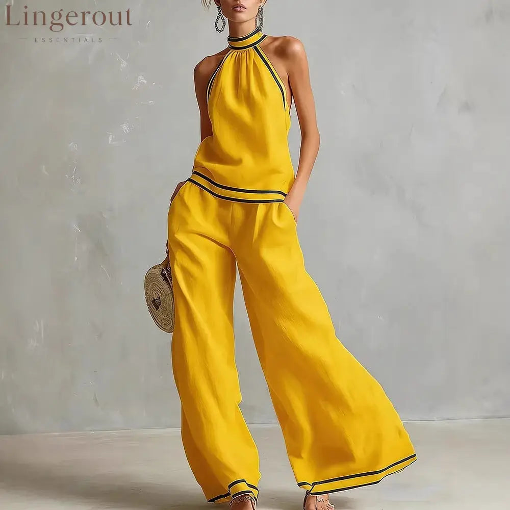 Halterneck Sleeveless Wide-Leg Pants Suit For Women