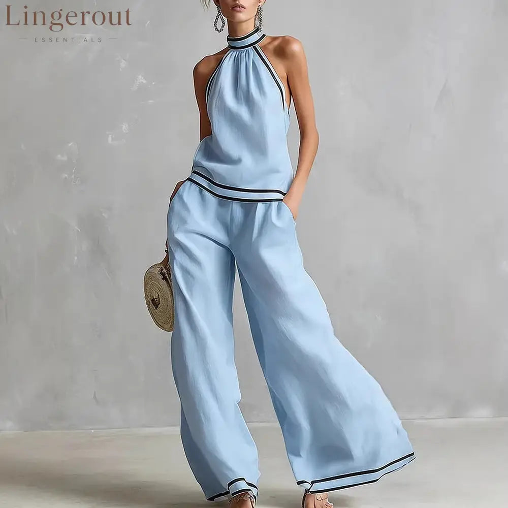 Halterneck Sleeveless Wide-Leg Pants Suit For Women