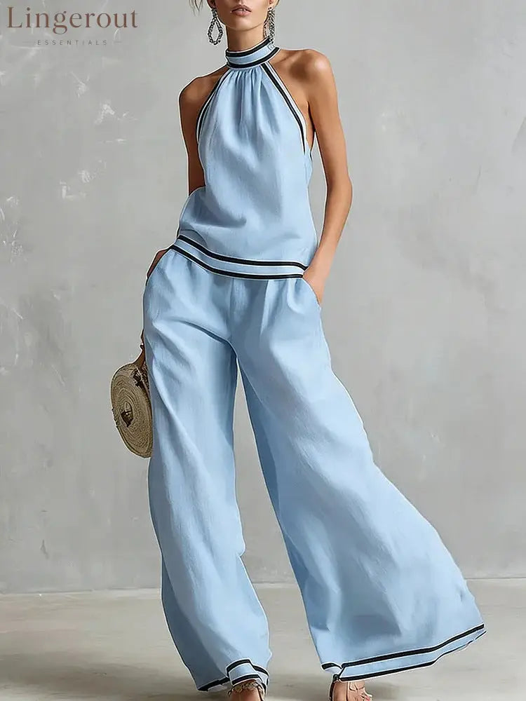 Halterneck Sleeveless Wide-Leg Pants Suit For Women - Blue / S