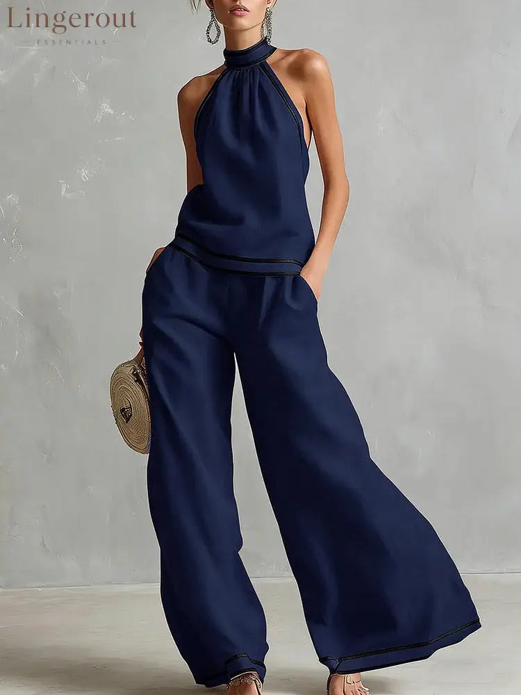 Halterneck Sleeveless Wide-Leg Pants Suit For Women - Dark blue / S