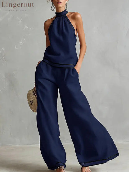 Halterneck Sleeveless Wide-Leg Pants Suit For Women - Dark blue / S