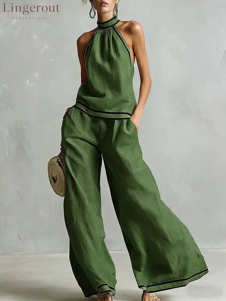 Halterneck Sleeveless Wide-Leg Pants Suit For Women - Green / S