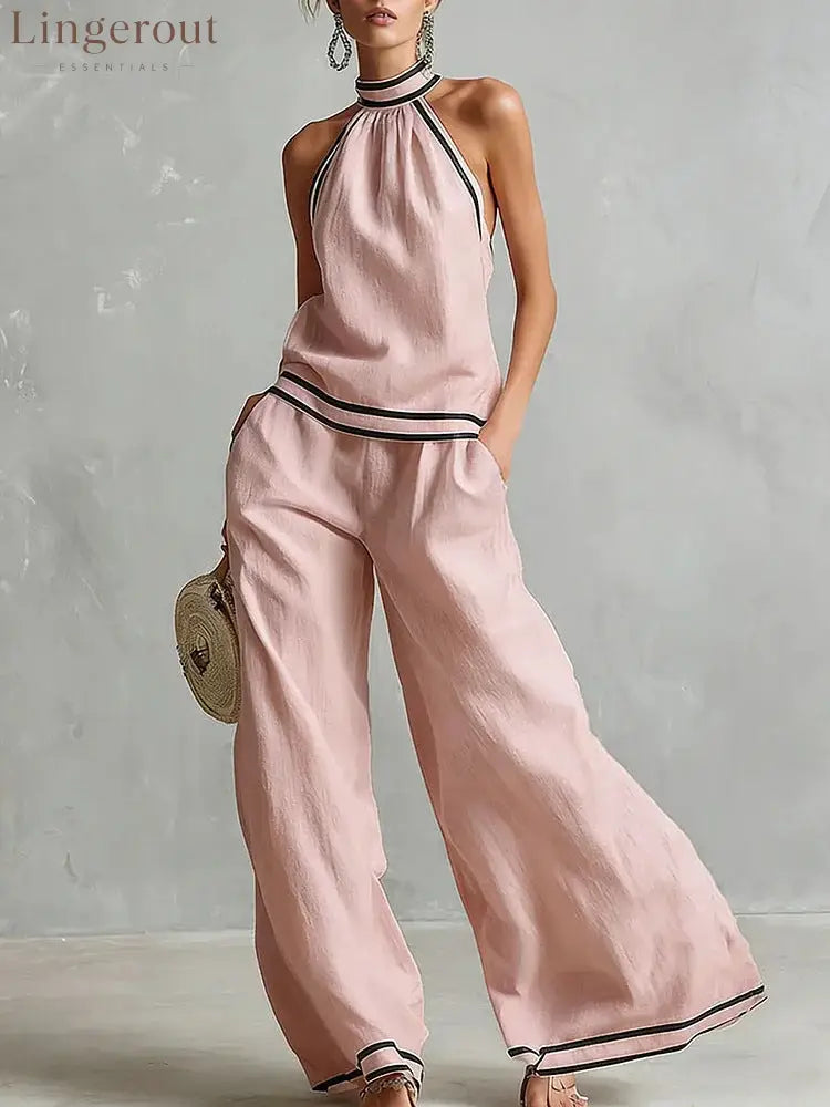 Halterneck Sleeveless Wide-Leg Pants Suit For Women - Pink / S