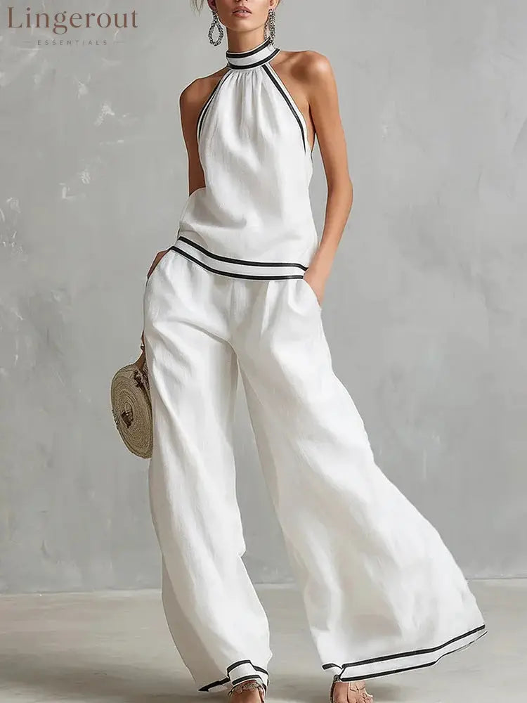 Halterneck Sleeveless Wide-Leg Pants Suit For Women - White / S