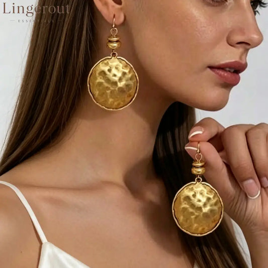 Hammered Round Disc Dangle Earrings Vintage Plated Statement Drop Earrings