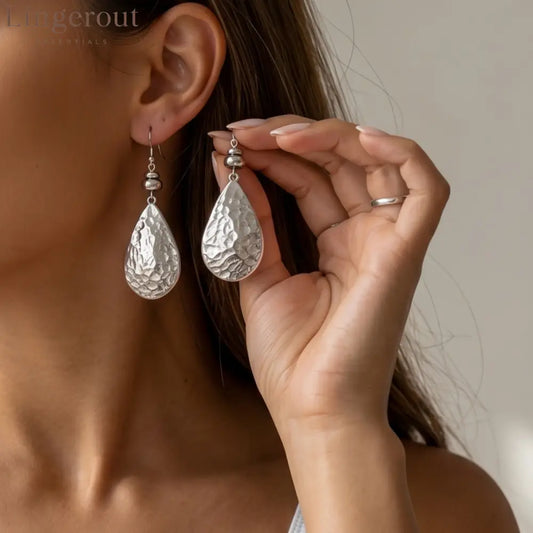 Hammered Teardrop Silver Dangle Earrings Vintage Textured Water Drop Statement Drop Earrings - EH5794