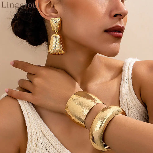 Hammered Textured Gold Jewelry 3-Piece Set | Drop Earrings + Wide Cuff Bangle + Dome Bracelet - T493