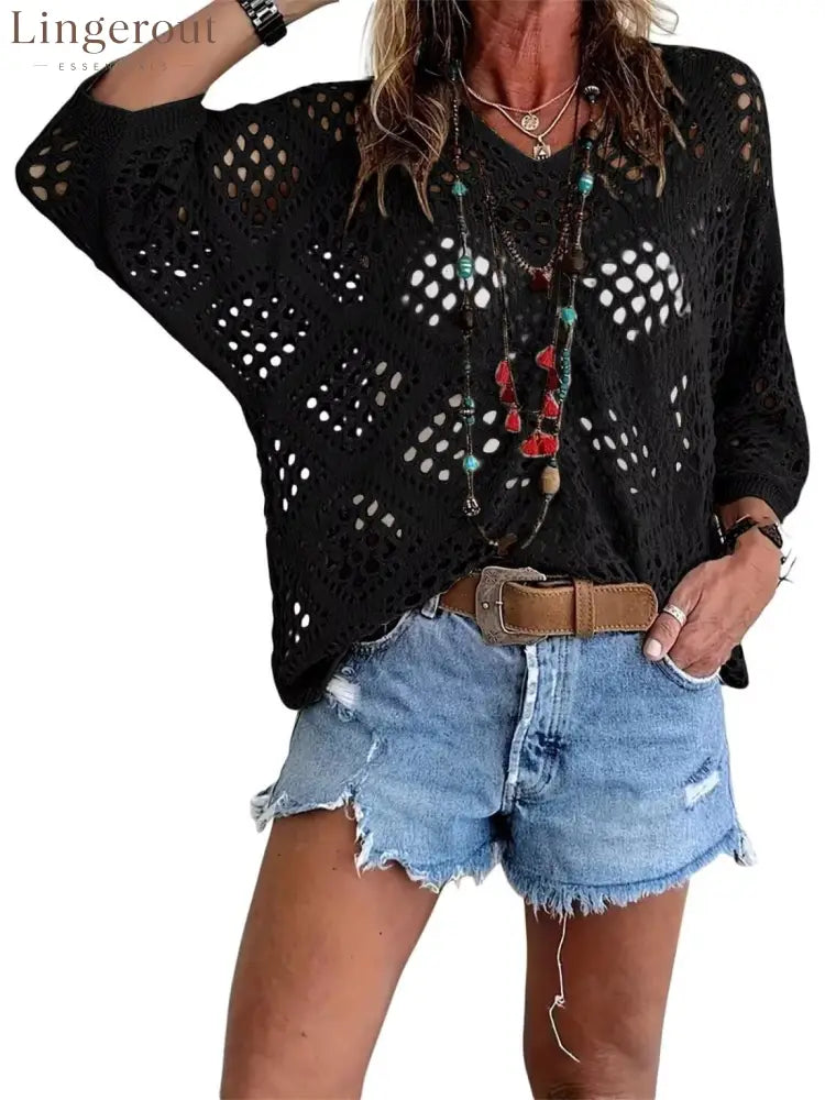 ? Handmade Crochet V‐Neck Boho Top | Apricot Summer Essential - Black / S