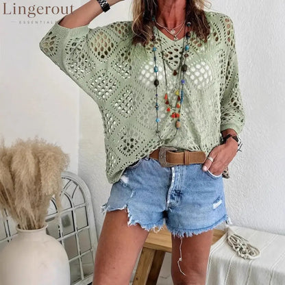 ? Handmade Crochet V‐Neck Boho Top | Apricot Summer Essential - Green / S