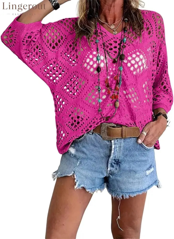 ? Handmade Crochet V‐Neck Boho Top | Apricot Summer Essential - Rose Pink / S