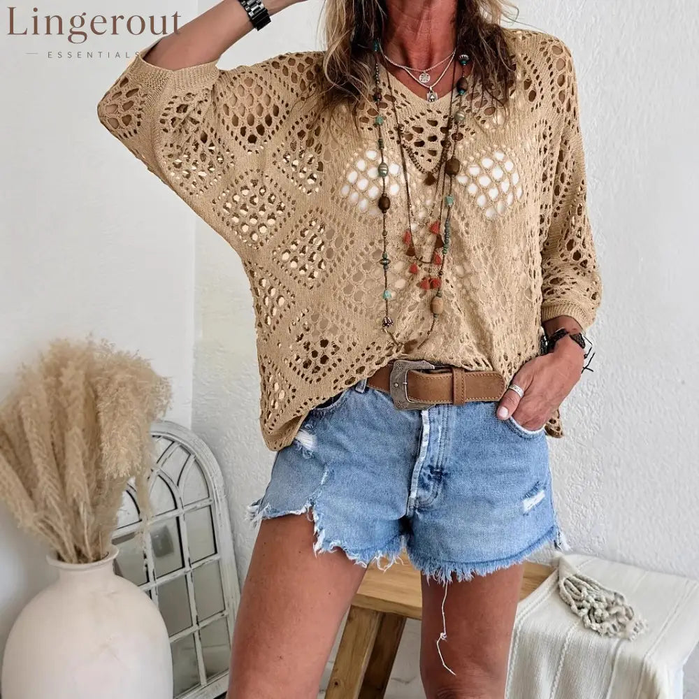 ? Handmade Crochet V‐Neck Boho Top | Apricot Summer Essential - Apricot / S