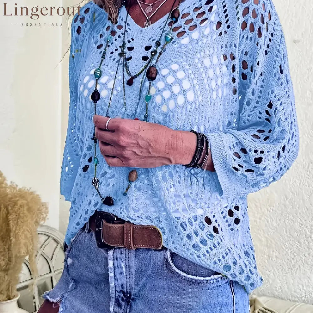 ? Handmade Crochet V‐Neck Boho Top | Apricot Summer Essential - Sky Blue / S