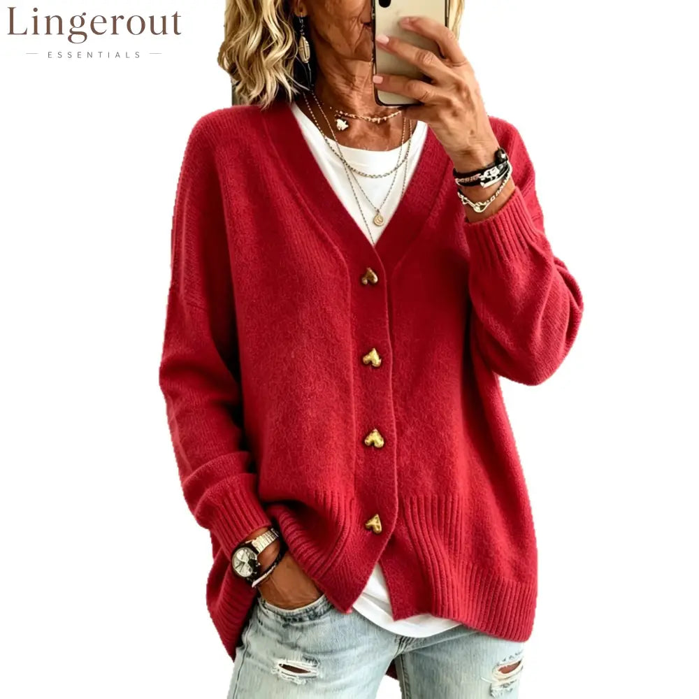 Heart Button V Neck Knit Cardigan