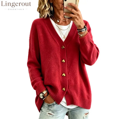 Heart Button V Neck Knit Cardigan