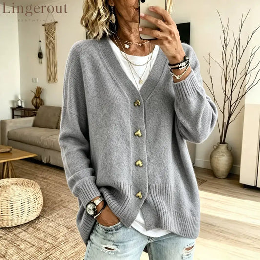 Heart Button V Neck Knit Cardigan - Grey / S