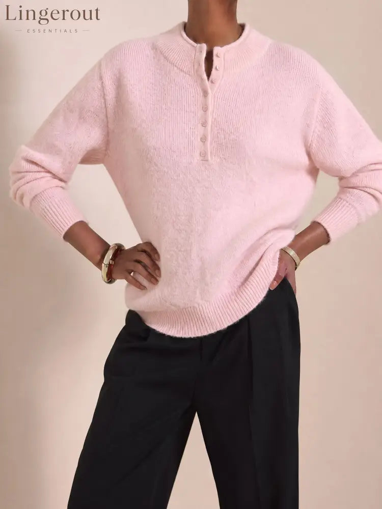 Henley Button Knit Sweater - Pink / S