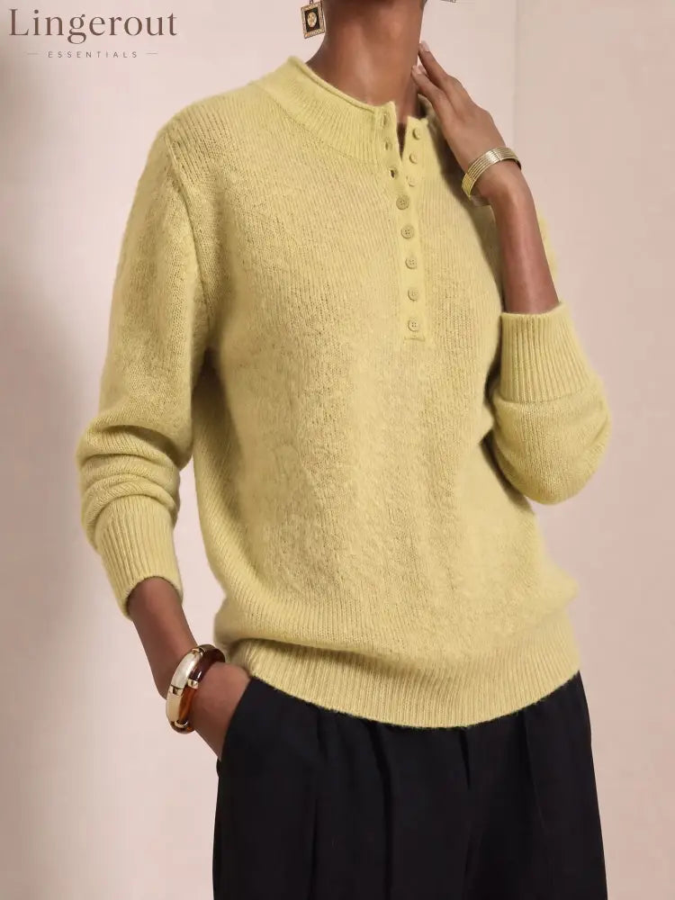 Henley Button Knit Sweater - Yellow / S
