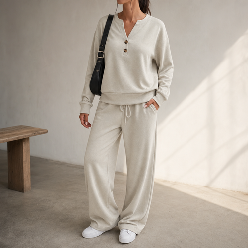 Women Henley Wide-Leg Two-Piece Lounge Set