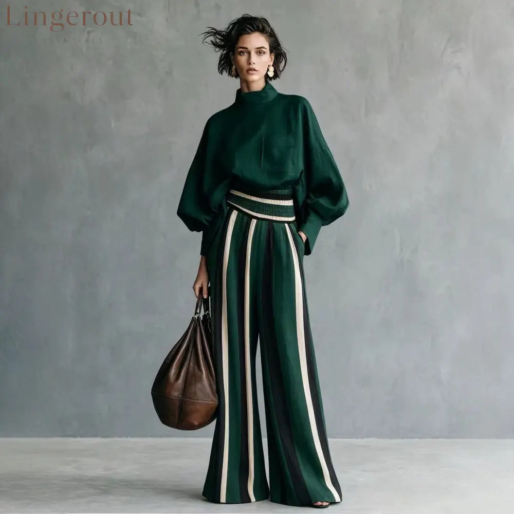 High-Neck Balloon Sleeve Blouse & Wide-Leg Striped Pants Set