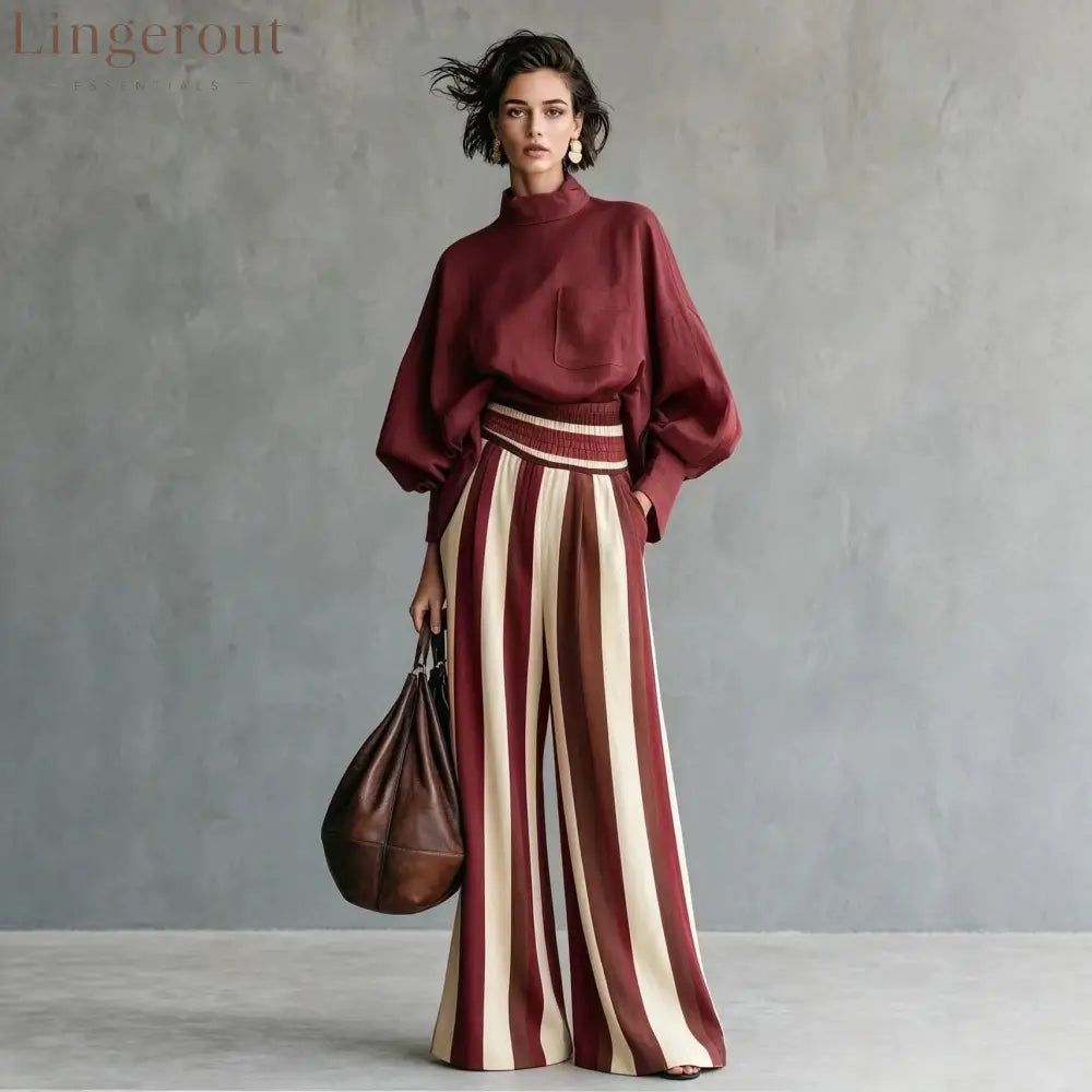 High-Neck Balloon Sleeve Blouse & Wide-Leg Striped Pants Set