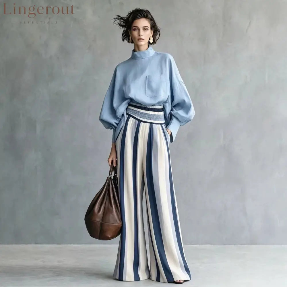 High-Neck Balloon Sleeve Blouse & Wide-Leg Striped Pants Set