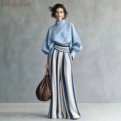 High-Neck Balloon Sleeve Blouse & Wide-Leg Striped Pants Set