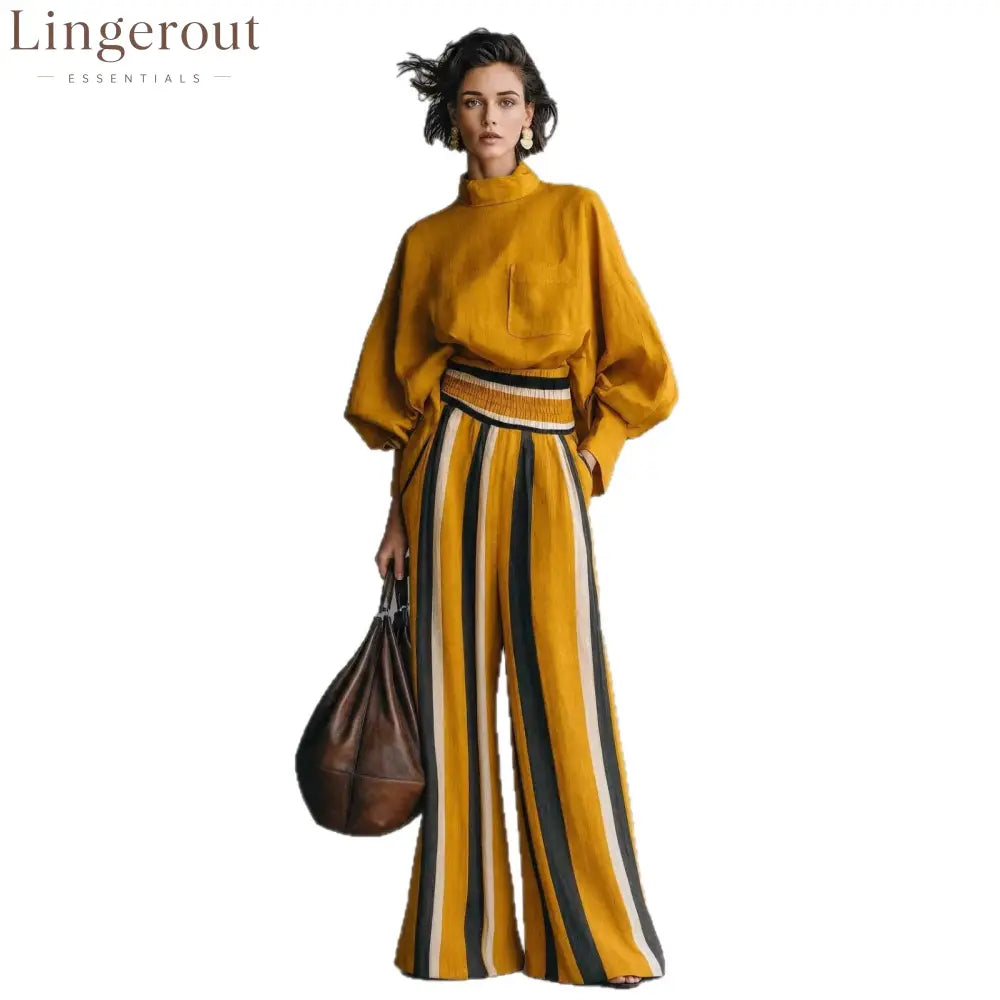 High-Neck Balloon Sleeve Blouse & Wide-Leg Striped Pants Set