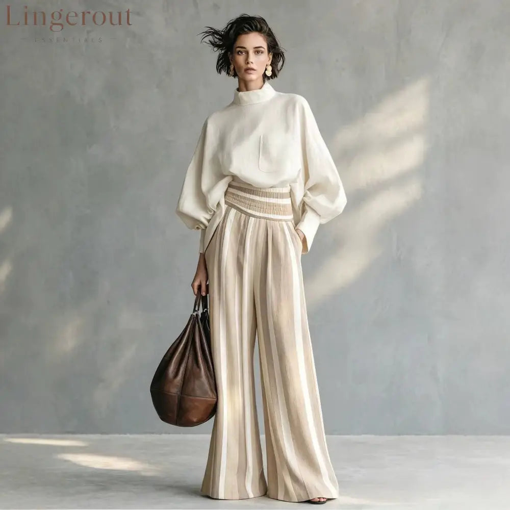 High-Neck Balloon Sleeve Blouse & Wide-Leg Striped Pants Set