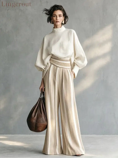 High-Neck Balloon Sleeve Blouse & Wide-Leg Striped Pants Set - Apricot / S