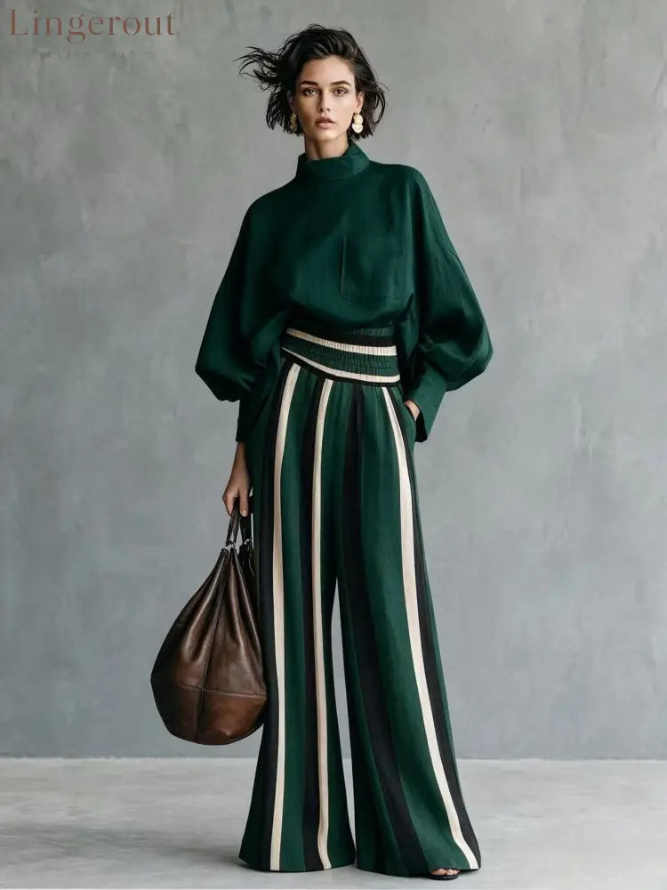 High-Neck Balloon Sleeve Blouse & Wide-Leg Striped Pants Set - Dark green / S