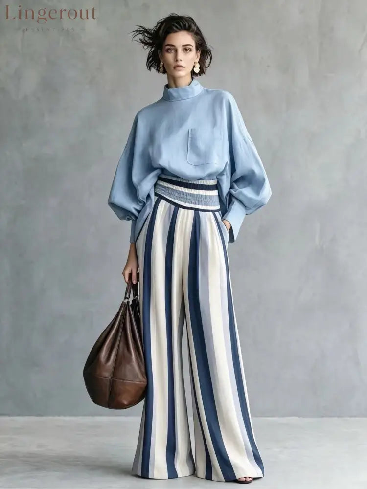 High-Neck Balloon Sleeve Blouse & Wide-Leg Striped Pants Set - Light blue / S