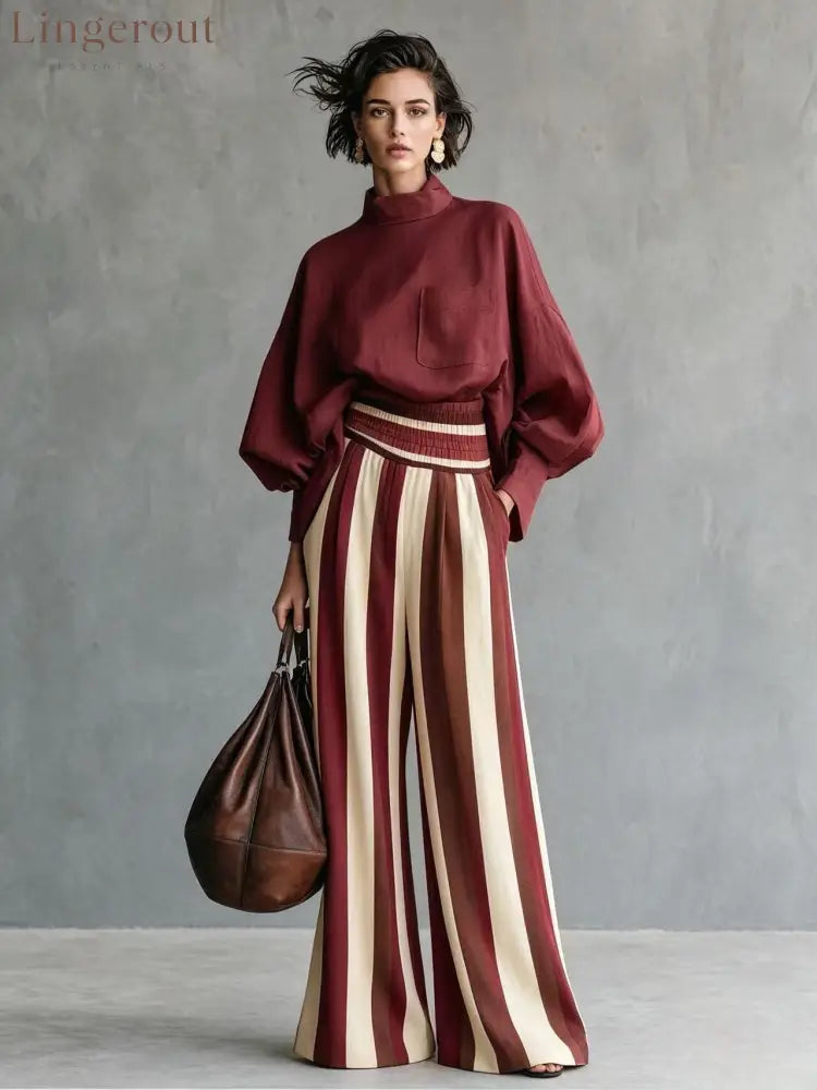 High-Neck Balloon Sleeve Blouse & Wide-Leg Striped Pants Set - Red / S