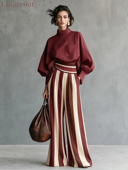 High-Neck Balloon Sleeve Blouse & Wide-Leg Striped Pants Set - Red / S