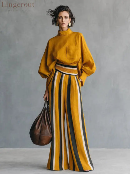 High-Neck Balloon Sleeve Blouse & Wide-Leg Striped Pants Set - Yellow / S