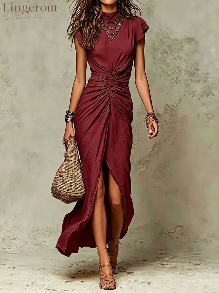 High‑Neck Cap Sleeve Ruched Front Slit Maxi Dress