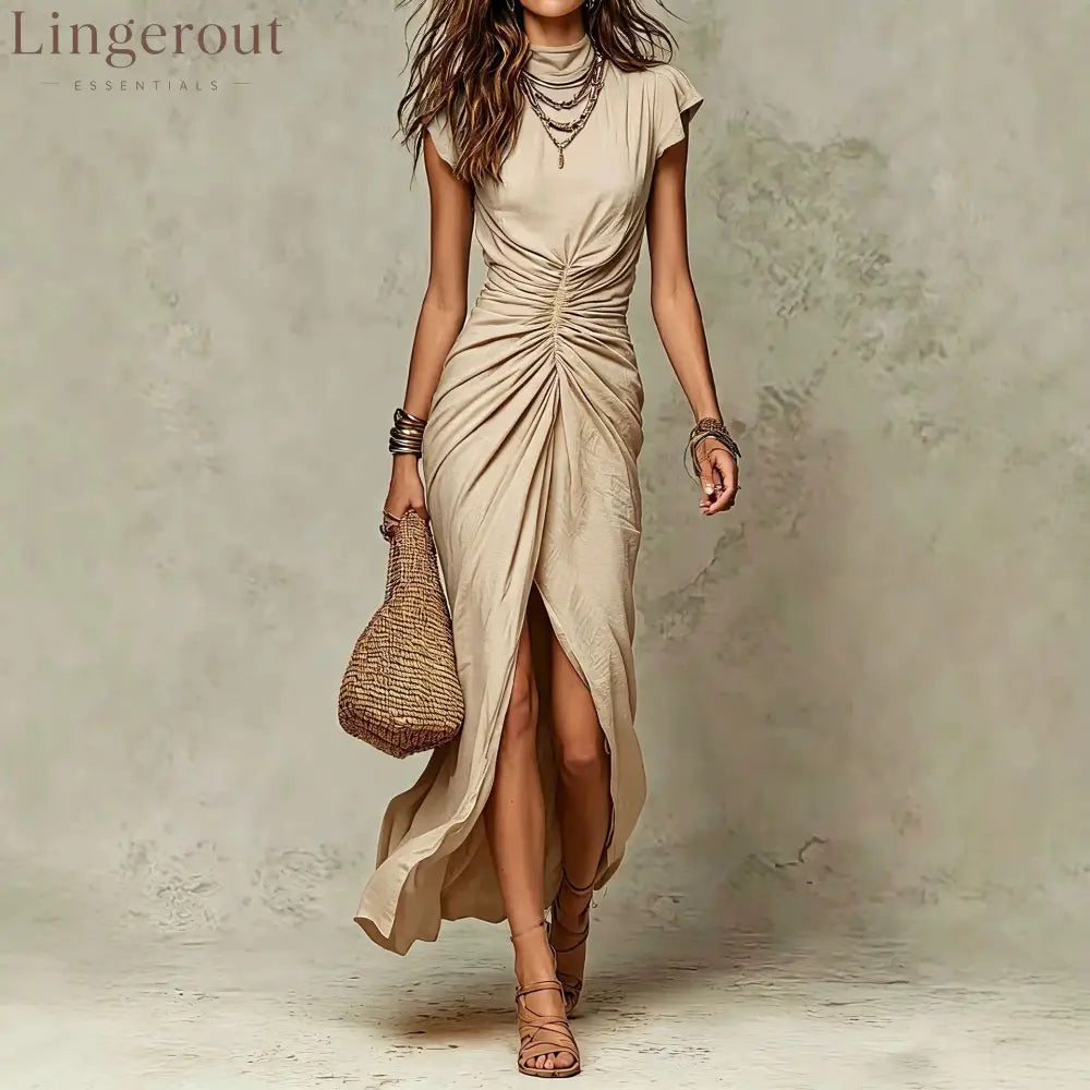 High‑Neck Cap Sleeve Ruched Front Slit Maxi Dress - Apricot / S