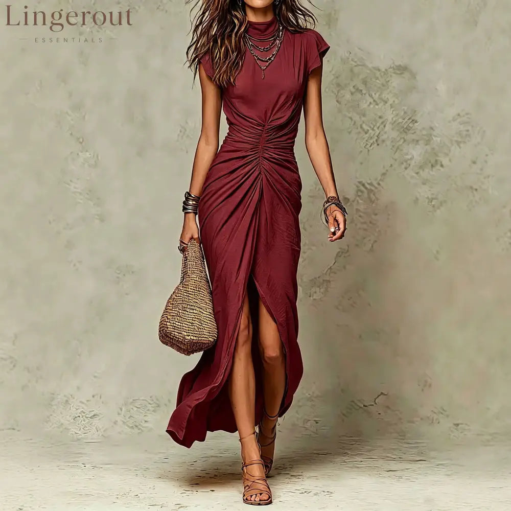 High‑Neck Cap Sleeve Ruched Front Slit Maxi Dress - Burgundy / S