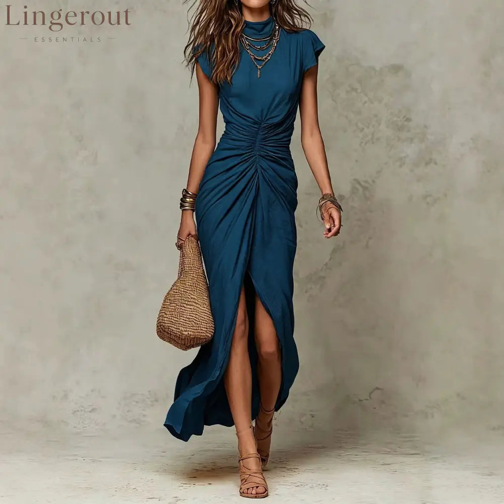 High‑Neck Cap Sleeve Ruched Front Slit Maxi Dress - Navy blue / S