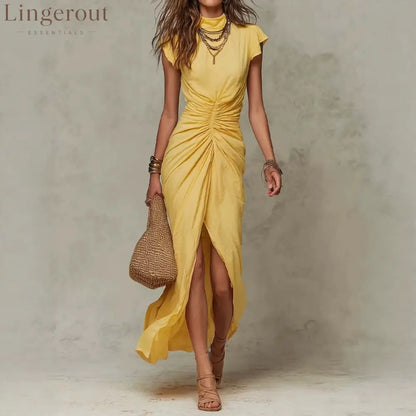 High‑Neck Cap Sleeve Ruched Front Slit Maxi Dress - Yellow / S