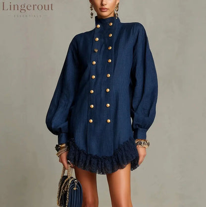 High Neck Double Breasted Mini Dress - Blue / S - Dresses