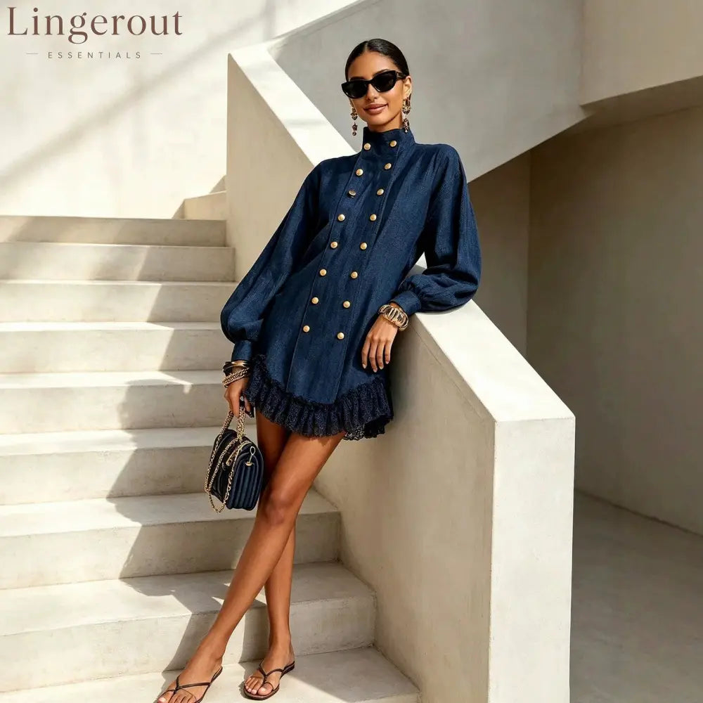 High Neck Double Breasted Mini Dress - Dresses
