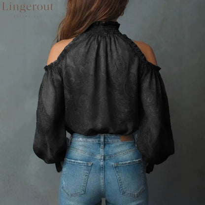High Neck Ruffle Trim Long Sleeve Chiffon Top