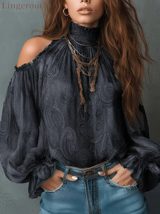 High Neck Ruffle Trim Long Sleeve Chiffon Top - Black / S