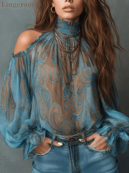 High Neck Ruffle Trim Long Sleeve Chiffon Top - Malachite green / S